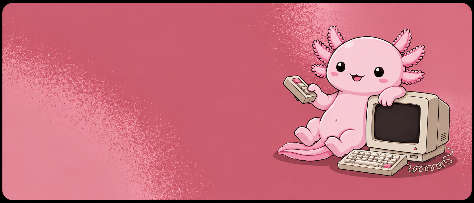 Axolote rosa ao lado de um computador retrô